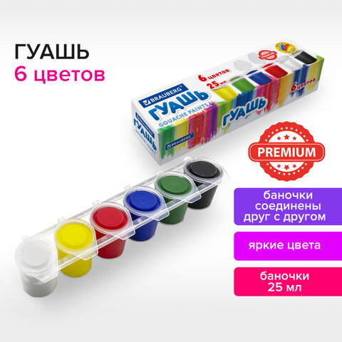 Гуашь BRAUBERG “PREMIUM TURKEY”, 6 цв.